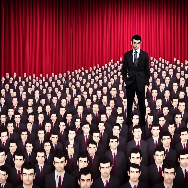 Image similar to focused dslr medium shot photograph of nathan fielder standing in front of dozens of nathan fielder clones on puppet strings from nathan for you on comedy central on a stage with a red curtain, meta, fractal, trippy, high detail!!! 8 k!!!!, photorealism!!!, sharp focus!!! coherent!!!