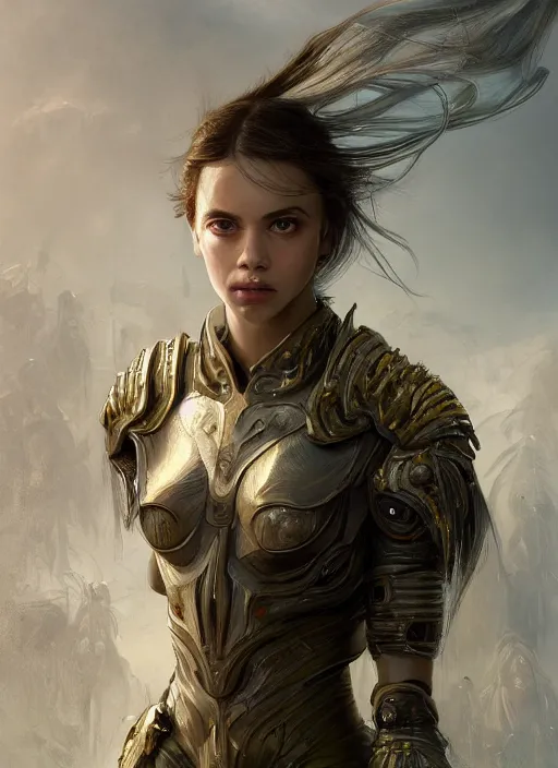 Image similar to a professional portrait of a beautiful young female, clothed in ethereal battle armor, olive skin, long dark hair, beautiful bone structure, symmetrical facial features, intricate, elegant, digital painting, concept art, smooth, sharp focus, finely detailed, illustration, from Valerian and the City of a Thousand Planets, in the style of Ruan Jia and Mandy Jurgens and Artgerm and Greg Rutkowski and William-Adolphe Bouguerea