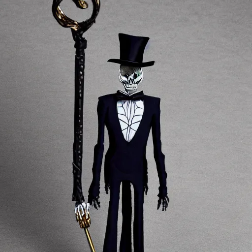 Image similar to DND character, skeleton, Tall skeletal figure, wearing a deep black suit and tie and top hat. golden cane in his right. Light blue flames envelop his whole body