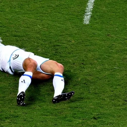 Prompt: a football player from the Italian national team is about to score a penalty, goalkeeper fell on the grass