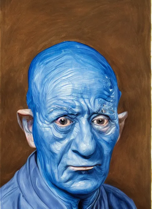 Image similar to Real life Papa Smurf, painted by Lucian Freud, highly detailed, 8k