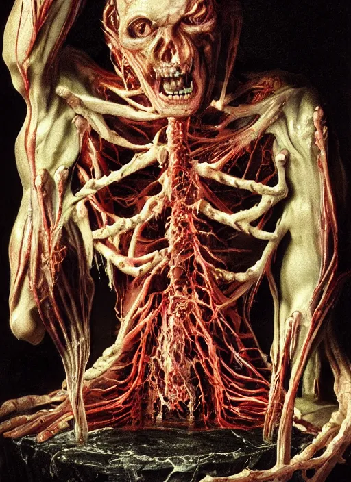 Image similar to demonic birthday cake with translucent skin, visible muscles and veins and arteries and bones and spines and nerves, beautiful detailed intricate insanely detailed octane render, 8k artistic photography, photorealistic, chiaroscuro, by David Cronenberg, Raphael, Caravaggio