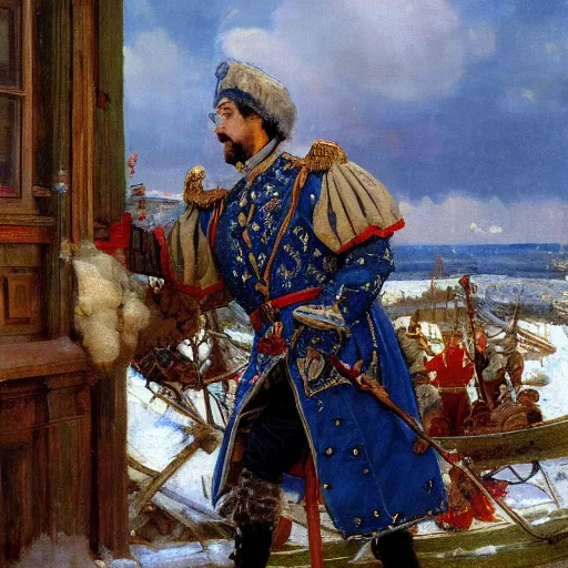 Image similar to russian tsar Peter The Great 18th century reinstalls windows 95 by vasnetsov and surikov serov, JEAN-VICTOR BERTIN, by Terence Cuneo, detailed, artfully traced, 4k resolution, cinematic, dramatic