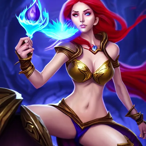 Prompt: The sorceress casting a fire ball, league of legends. She has tiny abdomen & inflated hips body & insanely detailed face (eyes, mouth, hair) & coherent arms. Full body realistic, sharp focus, 8k high definition, insanely detailed, intricate, elegant, smooth, sharp focus, illustration, ArtStation, art by 100% Hearthstone