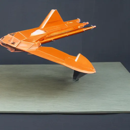 Prompt: plastic model starship sitting on a wooden table