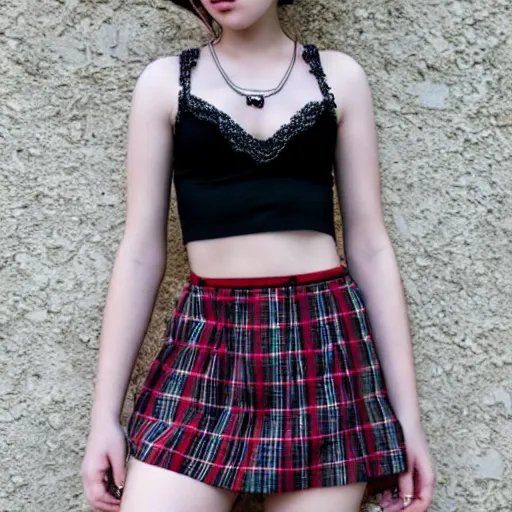 Image similar to gothic teen girl in plaid mini skirt and crop top, intricate, extremely detailed, modeling photography, 8 0 mm camera