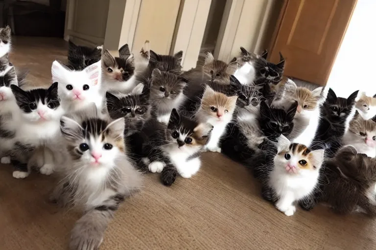 Image similar to a living room full of cute kittens that are all sitting positioned facing directly at the camera and all of the kittens are looking directly into the camera