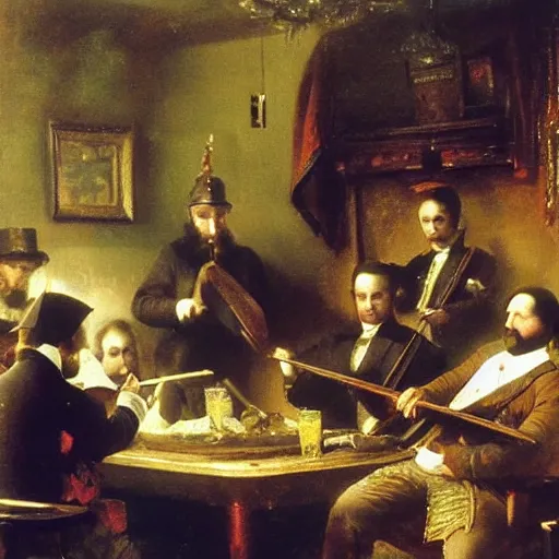 Image similar to Oil painting of Joe Biden playing the Hurdy Gurdy at a fantasy tavern, by ivan shishkin and aivazovsky