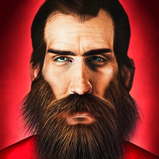 Prompt: a man with a long black beard in a red robe, portrait, realism, cyberpunk, manly beard