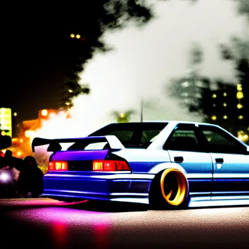 Image similar to a car JZX100 turbo drift at illegal car meet, Shibuya prefecture, midnight mist lights, cinematic color, photorealistic, highly detailed wheels, highly detailed