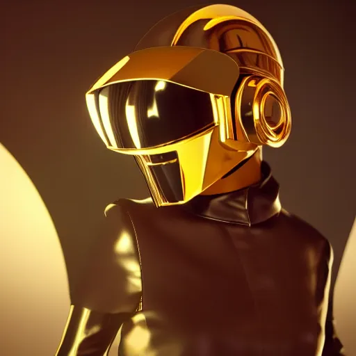 Image similar to daft punk inspired, avant-garde art, deco fashion, high heels, strong makeup, highly detailed, photorealistic portrait, serene london setting, golden hour, crisp quality and light reflections, unreal engine 5 quality render