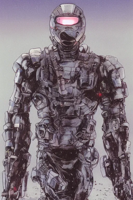 Image similar to powerful soldier wearing a crynet nanosuit, at dusk, a color illustration by tsutomu nihei, tetsuo hara and katsuhiro otomo