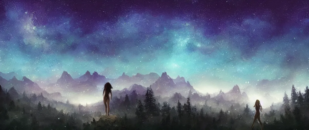 Image similar to digital photography of a ultra detailed night sky with constellations, detailed very beautiful girl with short hair swimming in a blue pool, Perseides meteor shower, ultra detailed hill top over behind a forest, large mountains in back, concept art, low angle, high detail, warm lighting, volumetric, vivid, beautiful, trending on artstation, by Jordan Grimmer, no focus, huge scene, ultra detailed trees, F11 aperture, in the style of JIM RICHARDSON