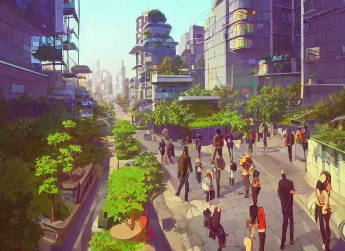 Image similar to digital illustration of walkable city with renewable enegery, rooftop gardens and beautiful manicured landscaping by makoto shinkai, ilya kuvshinov, lois van baarle, rossdraws, basquiat | afrofuturism, in the style of hearthstone, trending on artstation | cool color scheme