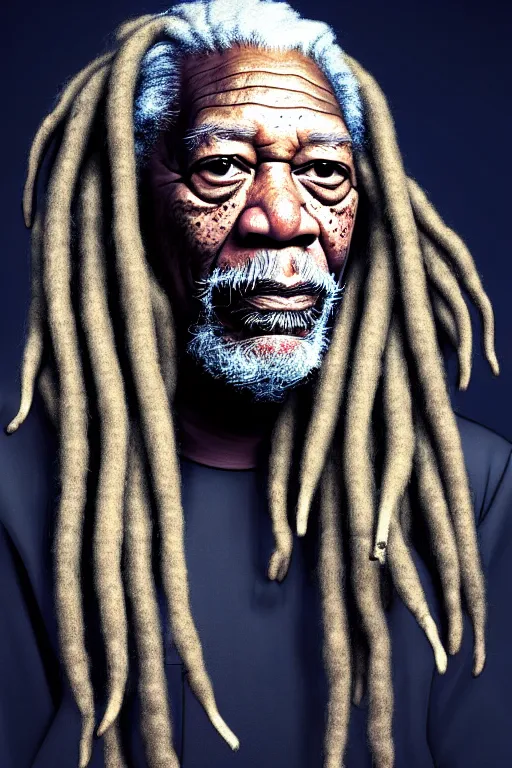 Image similar to a very detailed portrait of a old African man, Morgan Freeman, with dreadlocks, biotech, machine, photorealistic, highly detailed rendering with a cyberpunk style_ robotic arms, dramatic cinematic lighting