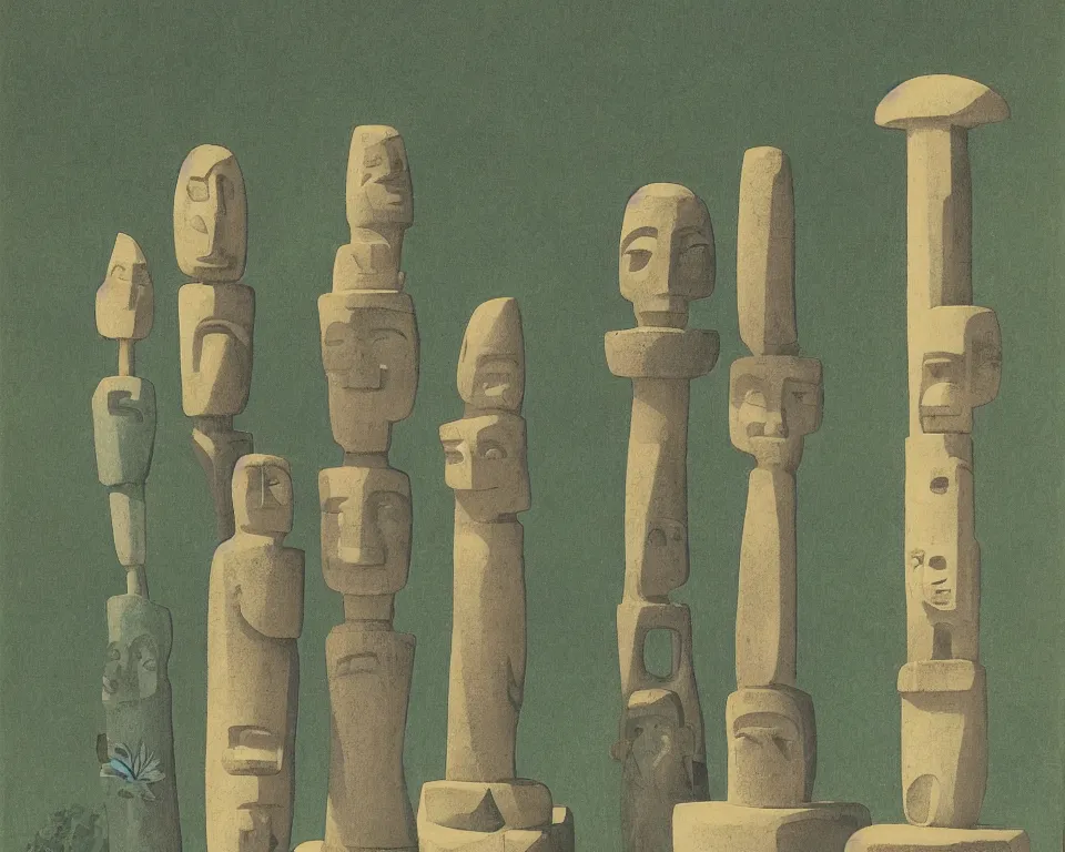 Image similar to Art Deco print of miniature stone tiki idols and totem poles in the jungle by Hasui Kawase and Lyonel Feininger.