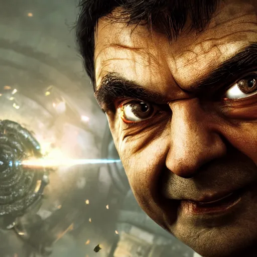 Image similar to Portrait of Mr. Bean in Gears of War, splash art, movie still, cinematic lighting, dramatic, octane render, long lens, shallow depth of field, bokeh, anamorphic lens flare, 8k, hyper detailed, 35mm film grain