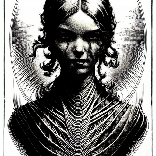 Image similar to portrait soft light, by bernie wrightson and joe fenton, inspired victorian sci - fi, etching, fine, sharp high detail, screen print,