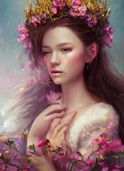 Image similar to a gorgeous flower princess portrait by WLOP, digital painting, beautiful lighting, mystical, detailed flowers, 🌺 cgsociety