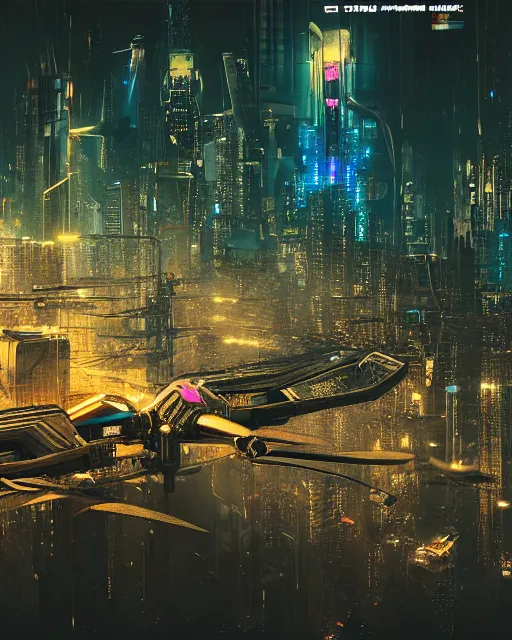 Image similar to cyberpunk drone above a city, scifi, futuristic, neon light, highly detailed, concept art, sharp focus, trending on artstation, intricate, atmosphere, raining, art by roman makarenko, dzung phung dinh