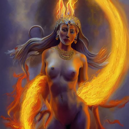 Image similar to A beautiful painting of a female divine being with flames as her body by Jim Burns, 8K, ultra-detailed , Trending on artstation.