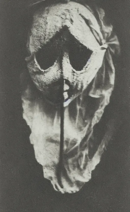 Image similar to a portrait photograph of a victorian wearing a scary vintage halloween mask, creepy, atmospheric, 1 9 0 0 s picture