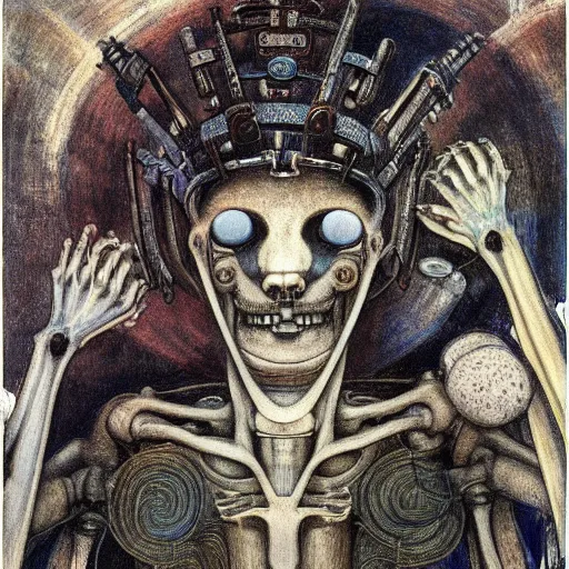 Image similar to weeping robot wearing the bone crown, by Annie Swynnerton and Diego Rivera, symbolist, dramatic lighting, elaborate geometric ornament, Art Brut ,god rays, soft cool colors,smooth, sharp focus, extremely detailed, Evelyn De Morgan and Adolf Wölfli