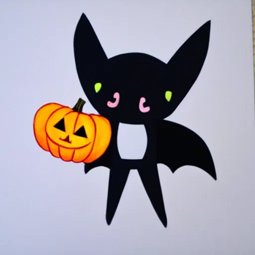 Image similar to drawing of a cute kawaii bat carrying a pumpkin marker on whiteboard