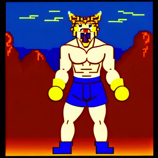 Image similar to full body portrait. 1 6 bit sega graphics. antropomorphic muscular masculine wolf, kickboxer fighter, in shorts, wolf head, in front of burning town at night. furr on body. 1 9 8 9