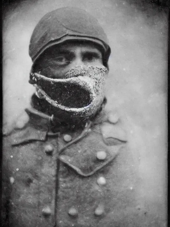 Image similar to portrait of man with extreme cold weather mask, ww1 photo, grainy, high detail, high resolution,