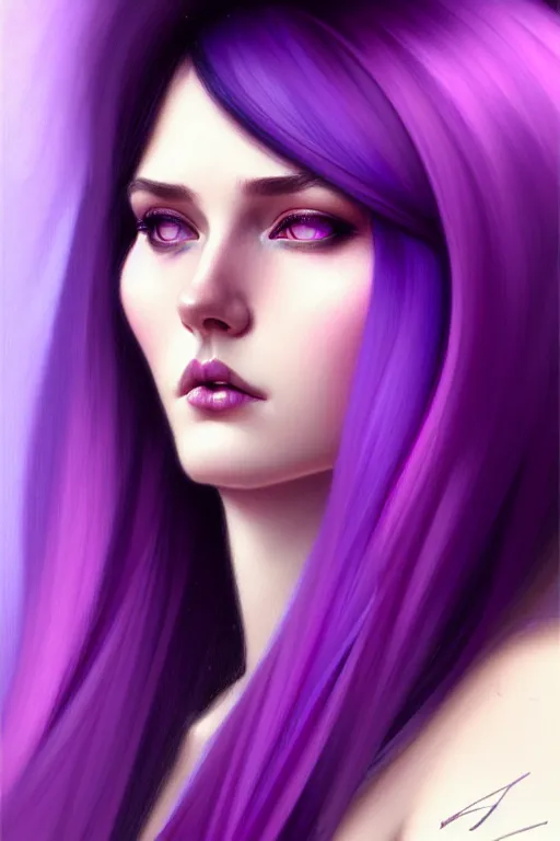 Prompt: Purple hair, creative colouring Portrait of woman face profile, fashion, colored strands of hair, intricate, elegant, highly detailed, digital painting, artstation, concept art, smooth, sharp focus, illustration, art by artgerm and greg rutkowski and alphonse mucha