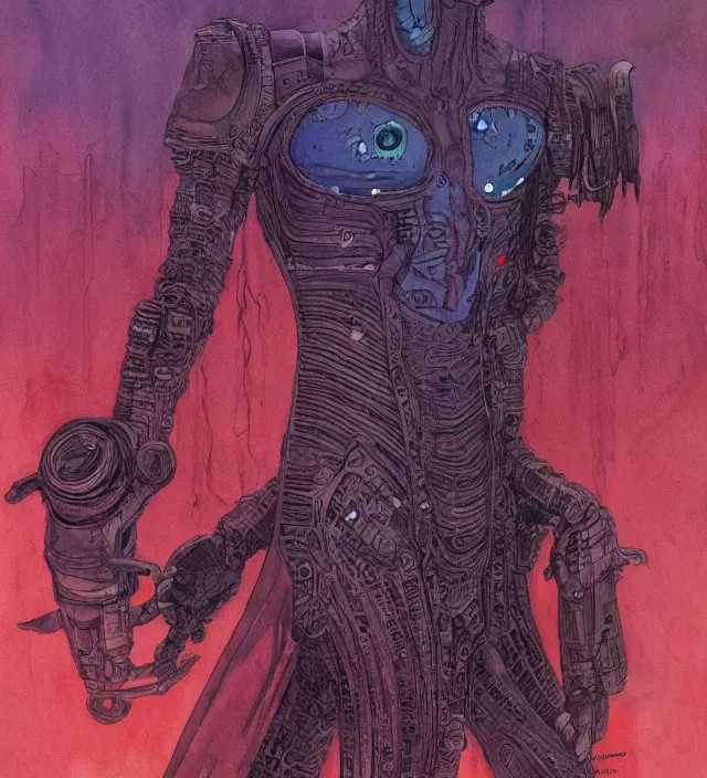 Prompt: a watercolor ink painting of a cyberpunk grimdark demon in the style of jean giraud in the style of moebius trending on artstation deviantart pinterest detailed realistic hd 8 k high resolution