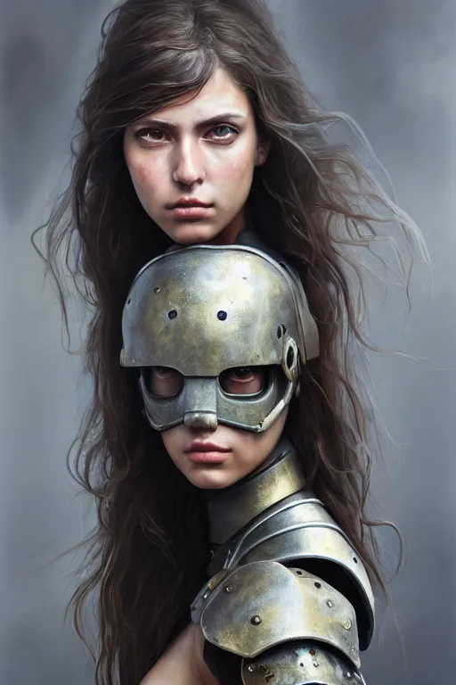 Image similar to a photorealistic painting of an attractive young girl, partially clothed in dirty metal-plated battle armor, dirty olive skin, long dark hair, beautiful bone structure, perfectly symmetrical face, perfect eyes, intricate, elegant, digital painting, concept art, illustration, sharp focus, minimal artifacts, volumetric lighting, from Metal Gear, in the style of Greg Rutkowski, trending on Artstation, award winning