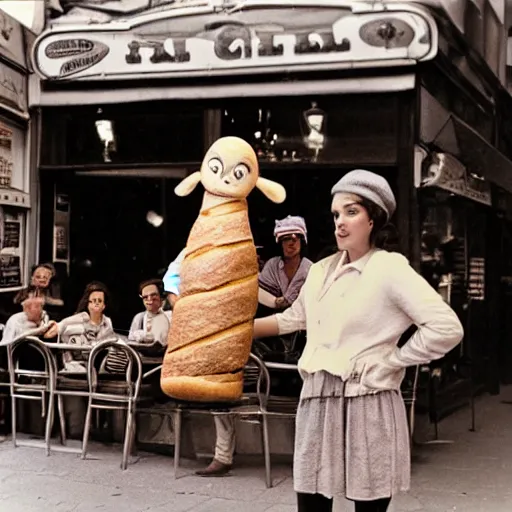 Image similar to professional archival photo of a woman and her friend, a puppet that looks like an enormous baguette, in a sidewalk cafe in paris, wearing berets, 16mm film soft color, earth tones and some color accents 1976, vacation photo, expired film, in style of doris wishman russ meyer, woman looks like sofia loren