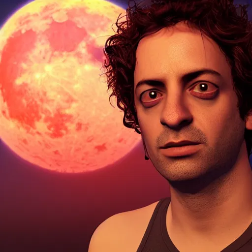 Image similar to gustavo cerati looking at the red moon in the universe, universe, stars, digital art, render unreal engine, highly detailed face, asymmetrical