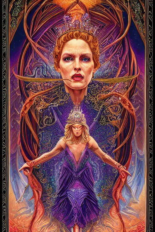 Prompt: beautiful tarot card of the queen of dreams by carol bak and dan mumford and alex grey, oil on canvas, intricate border, symmetrical, portrait, 8k highly professionally detailed, HDR, CGsociety