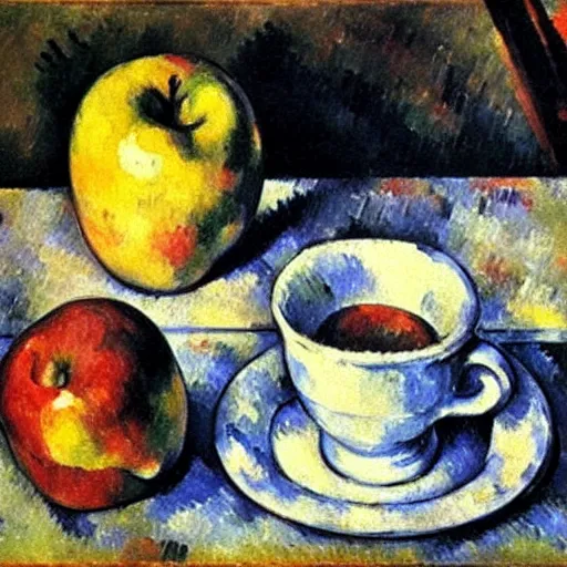 Image similar to Still life of an apple and mug of coffee on school desk, Paul Cezanne