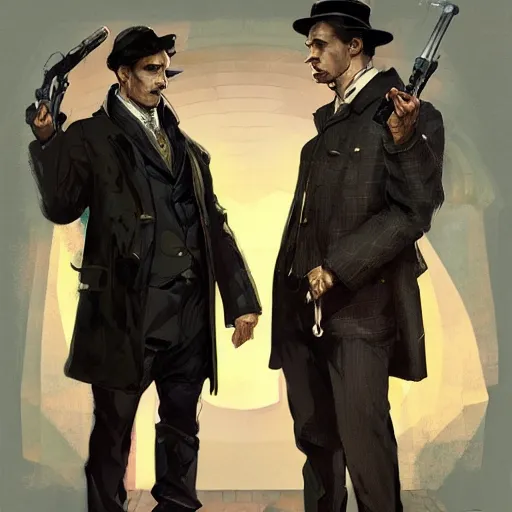 Image similar to [Sherlock Holmes and Watson as GTA characters, intricate, elegant, graphic detail, digital painting, trending on artstation, concept art, tonalism, sharp focus, illustration, art by Miguel Vasquez and Greg Rutkowski and Alphonse Mucha]