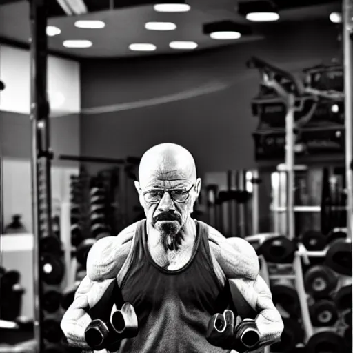 Image similar to “photograph of Walter white working out at the gym, 50mm bokeh, studio lighting, golds gym,”