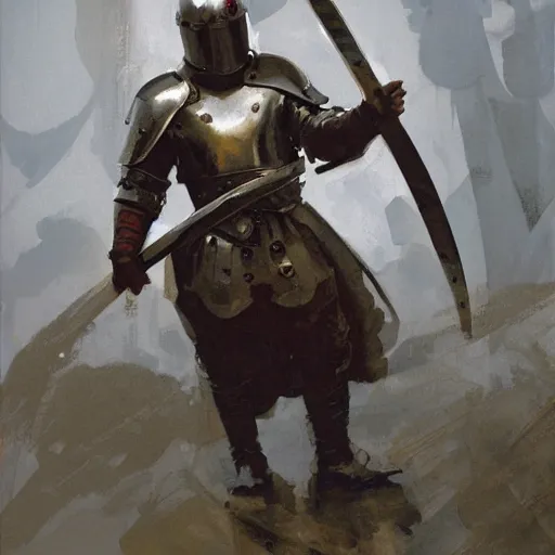 Prompt: portrait of man wearing gambeson and sallet helmet, swinging sword, fighting, detailed by greg manchess, craig mullins, bernie fuchs, walter everett