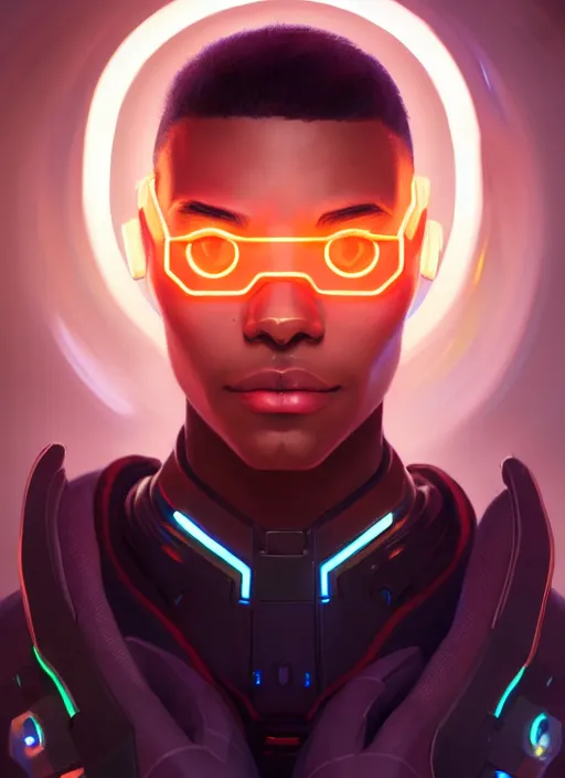 Prompt: symmetry portrait of baptiste from overwatch, sci - fi, tech wear, glowing lights intricate, elegant, highly detailed, digital painting, artstation, concept art, smooth, sharp focus, illustration, art by artgerm and greg rutkowski and alphonse mucha