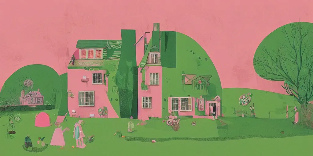 Prompt: a pink and green illustration of a house, a storybook illustration by muti and tim biskup, featured on dribble, arts and crafts movement, behance hd, storybook illustration, dynamic composition