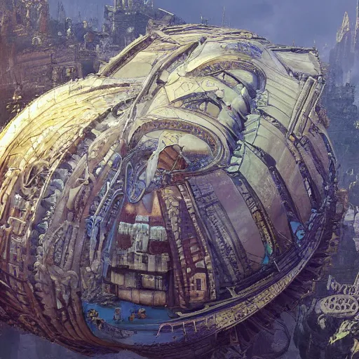 Image similar to enormous flying city in a faberge egg, sky, steampunk, fantasy art, masterpiece, unreal engine