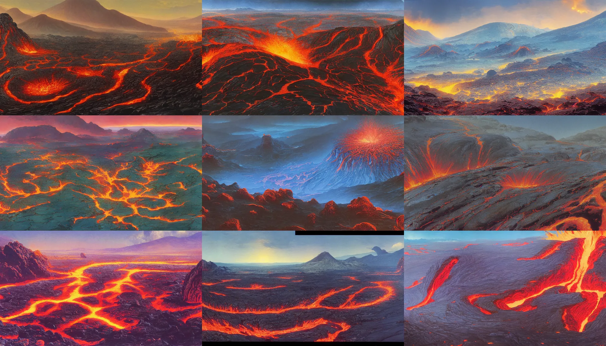 Prompt: molten rivers of lava flowing through valleys of sharp volcanic stone, 4 k cinematic panoramic view, by bruce pennington, ted naysmith, dan mcpharlin