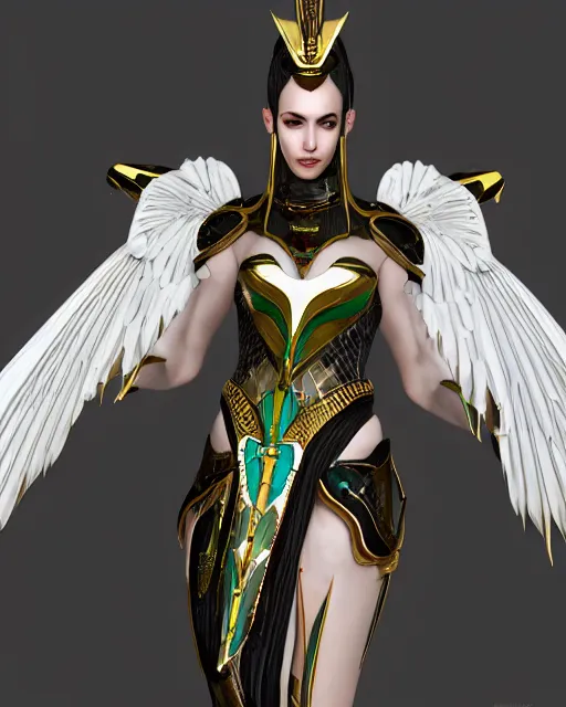 Prompt: attractive egyptian queen wearing white dove wings, warframe armor, regal, attractive, ornate, sultry, elize theron, pretty face, green eyes, scifi platform, 4 k, ultra realistic, epic lighting, illuminated, cinematic, black gold, art by akihito tsukushi, voidstar