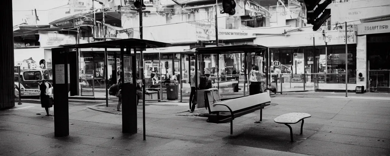 Image similar to a sentient slice of pizza waiting at a bus stop, canon 5 0 mm, cinematic lighting, photography, retro, film, kodachrome