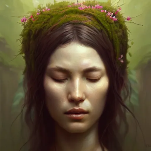 Image similar to a beautiful portrait of a plant goddess with closed eyes by Greg Rutkowski and Raymond Swanland, Trending on Artstation, ultra realistic digital art