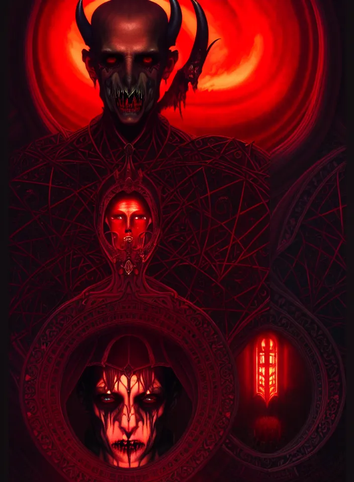 Prompt: symmetry!! portrait of a demonic man, gothic outfit, blood colored glowing lights!! evil atmosphere, intricate, elegant, highly detailed, digital painting, artstation, symmetric concept art, smooth, sharp focus, illustration, art by artgerm and greg rutkowski and alphonse mucha, 8 k