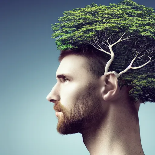 Image similar to a man with a tree growing in his head.