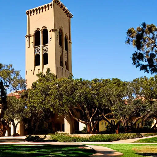 Prompt: Gorgeous photograph of UC Santa Barbara\'s Storke Tower